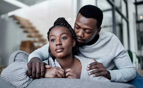 Unhappy Sad Depressed Couple While Boyfriend Comfort Support Hug Partner — Stockfoto