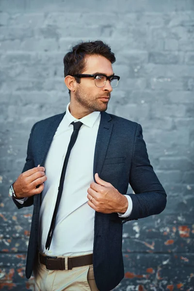 Looks Part Handsome Young Businessman Standing Grey Facebrick Wall — Stock fotografie