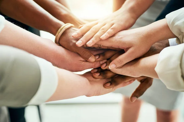 Were All Together Group Unrecognizable Businesspeople Standing Office Hands Huddle — Fotografia de Stock