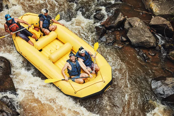 Take Risks Conquer Your Fears Group Friends Out River Rafting — 스톡 사진