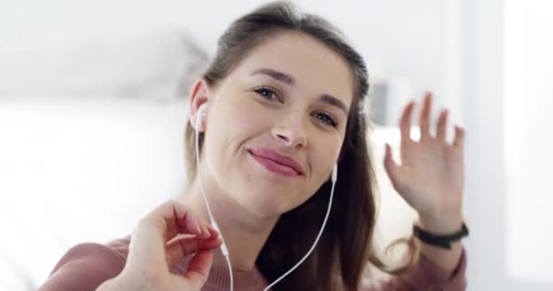 Happy Smiling Young Woman Listening Music Enjoying Favorite Songs Looking — Vídeos de Stock