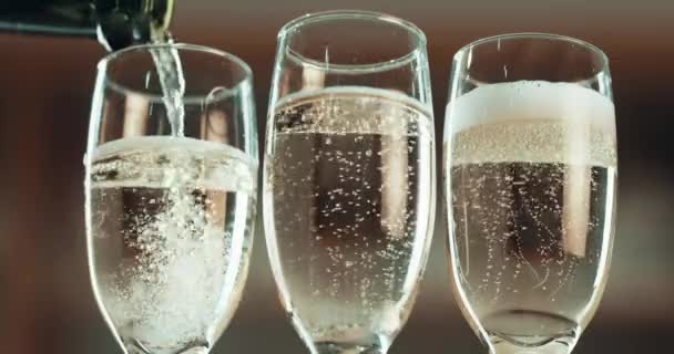 Bottle Pouring Champagne Glasses Romantic Setting Celebrating Alcohol Restaurant Birthday — Stockvideo