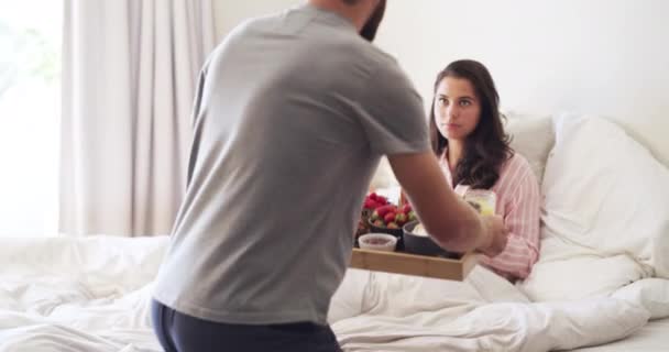 Valentines Surprise Birthday Womans Day Breakfast Bed Romantic Husband His — Vídeo de Stock