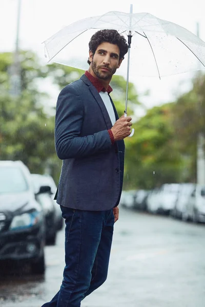Rain Wont Keep Him Away Work Handsome Young Businessman His — Zdjęcie stockowe
