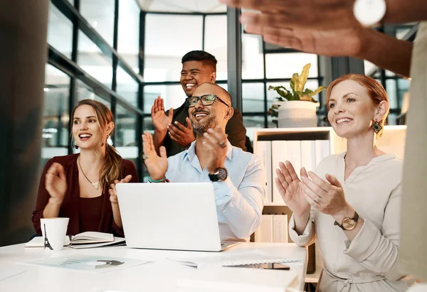 Professional Team Clapping Hands Cheering Deal Meeting Modern Office Diverse — Foto de Stock