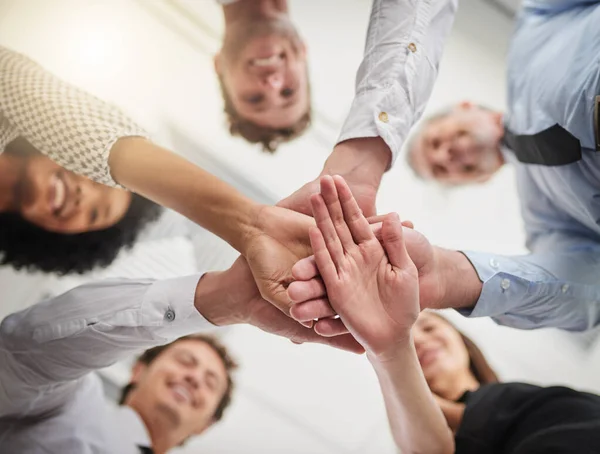 Success Hands Team Low Angle Shot Group Colleagues Joining Hands — Foto Stock