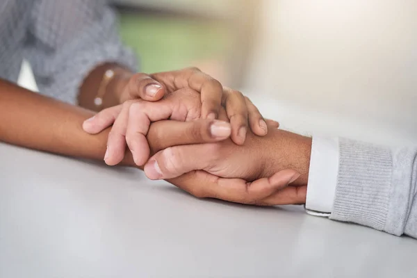 Company Promotes Culture Kindness Businessman Businesswoman Compassionately Holding Hands Table — Stock Photo, Image