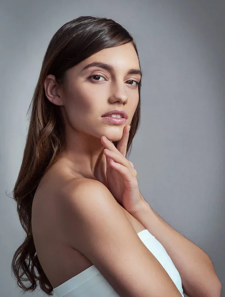Skin Softer Ever Studio Portrait Beautiful Young Woman Posing Gray — Stock Fotó