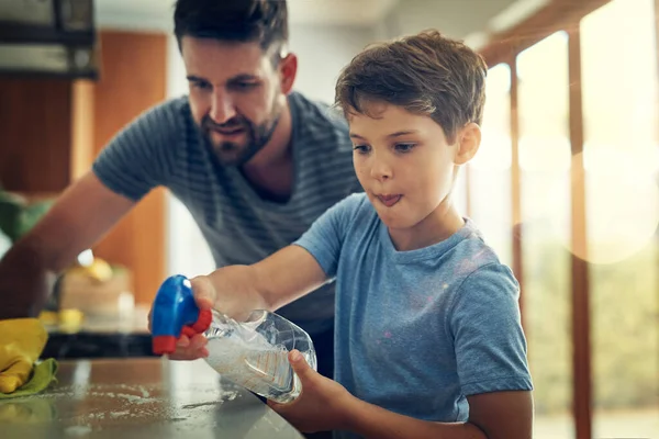 Take Germs Father Son Cleaning Kitchen Counter Together Home — Photo