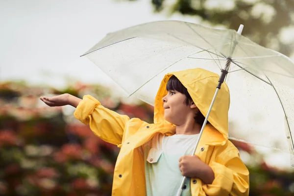 Enjoying Weather Adorable Little Boy Rain — Stock Fotó