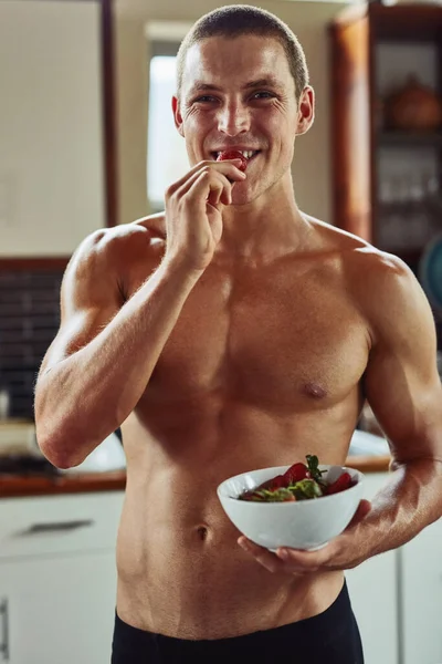 Breakfast Champions Portrait Cheerful Young Man Wearing Only His Underwear — Fotografia de Stock