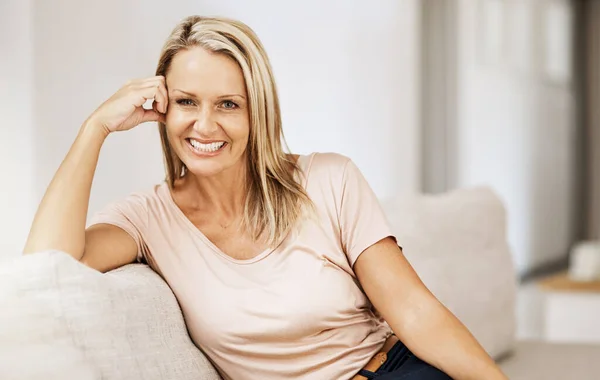 Happy Cheerful Smiling Mature Woman Relaxing Couch Home Enjoying Her — Stok Foto