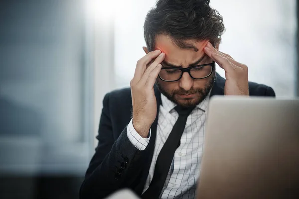 Cant Focus All Young Businessman Suffering Headache While Working Office — Fotografia de Stock