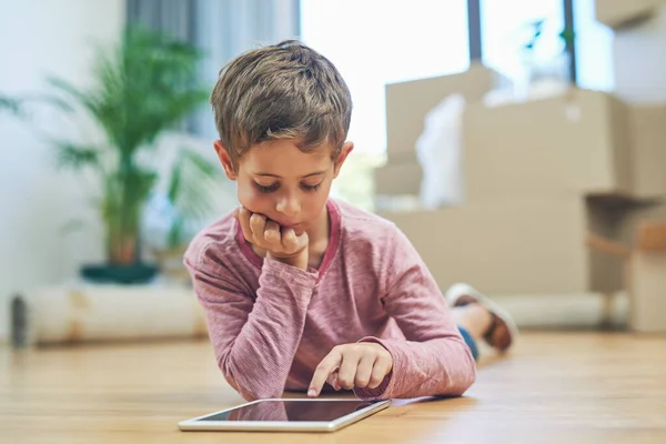 Enjoying Some Tech Time Help Pack Adorable Little Boy Using — Stock Fotó