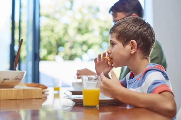 Digging Super Delicious Meal Little Boy Enjoying Meal His Father — Fotografia de Stock