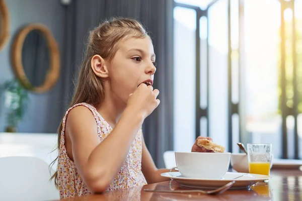 Now Yum Adorable Little Girl Enjoying Meal Home — Fotografia de Stock