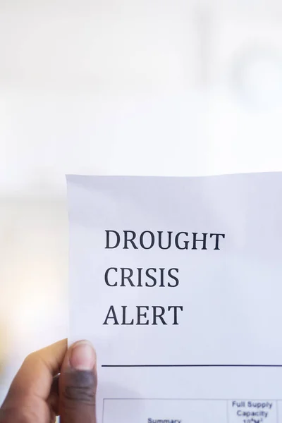 Aware Drought Closeup Unrecognizable Person Holding Paper Notification Saying Drought — Stockfoto