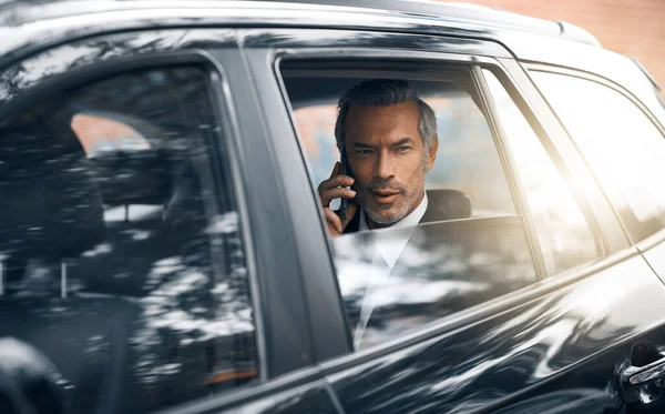 Doing Business Handsome Mature Businessman Making Call Backseat Car His — Fotografia de Stock