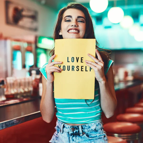 Love Yourself Cropped Portrait Attractive Young Woman Holding Sign Retro — Stock Fotó