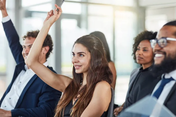 Have Question Attractive Young Businesswoman Raising Her Hand Seminar — Foto de Stock