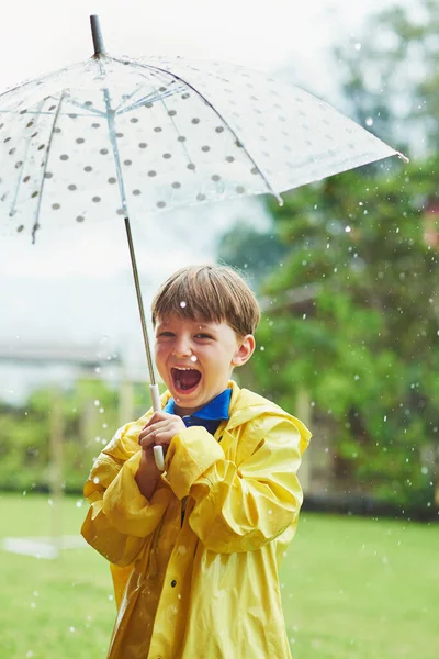 Rain Makes Him Happy Portrait Cheerful Little Boy Standing Umbrella — Stock Fotó