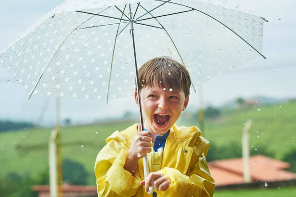 Rainy Season His Most Favorite Season Portrait Cheerful Little Boy — Stock Fotó