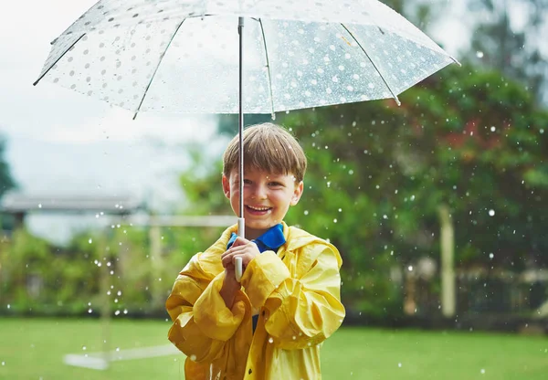 Rain Never Stops Him Going Portrait Cheerful Little Boy Standing — Stock Fotó