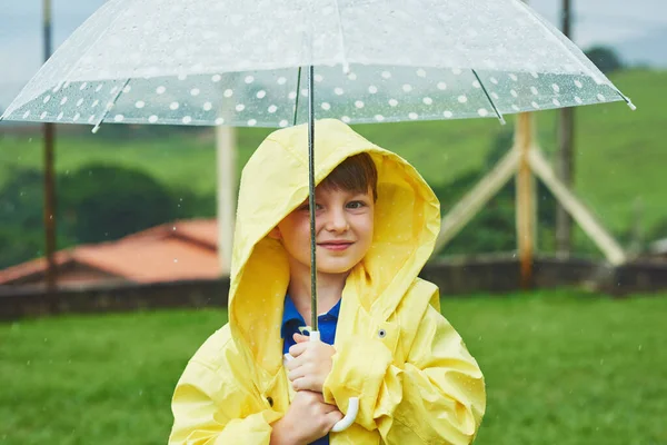 Protected Weather Portrait Cheerful Little Boy Standing Umbrella Rainy Day — 스톡 사진