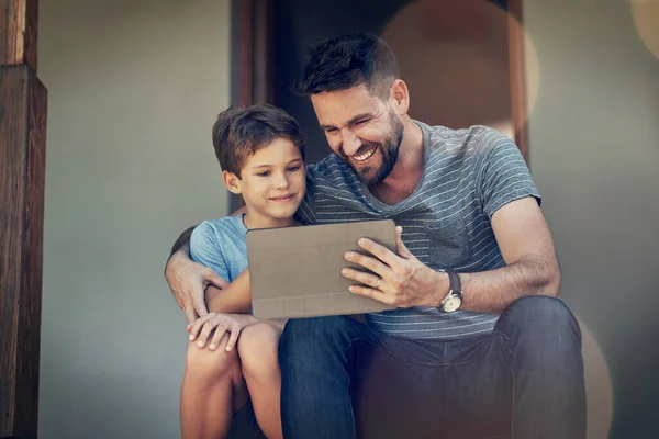 Show Dad Your Favourite Game Father Son Using Digital Tablet — Photo