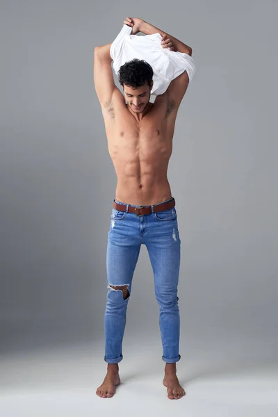 Revealing Body Greek God Studio Shot Handsome Young Man Undressing — Stock Photo, Image