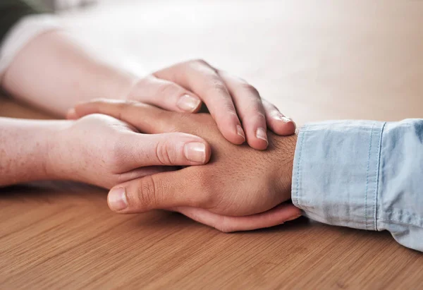 Nothing Heals Human Touch Man Woman Holding Hands Comfort Table — Foto Stock