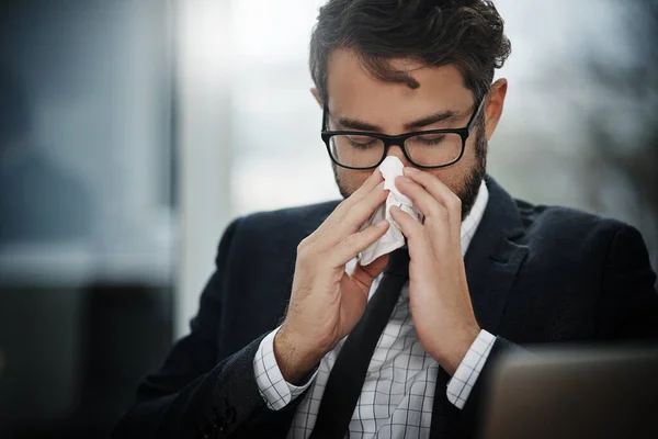 Cant Deal Getting Sick Right Now Young Businessman Blowing His — Foto Stock