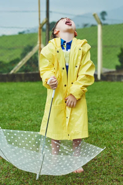Time Drink Some Water Provided Rain Cheerful Little Boy Standing — Stock Photo, Image