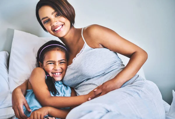 Our Family Growing Bigger Portrait Cheerful Little Girl Relaxing Bed — Stok fotoğraf