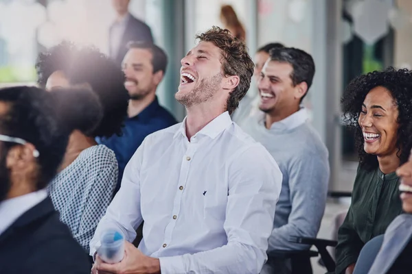 Theyre Having Great Time Conference Room Group Businesspeople Laughing Seminar — Stok Foto