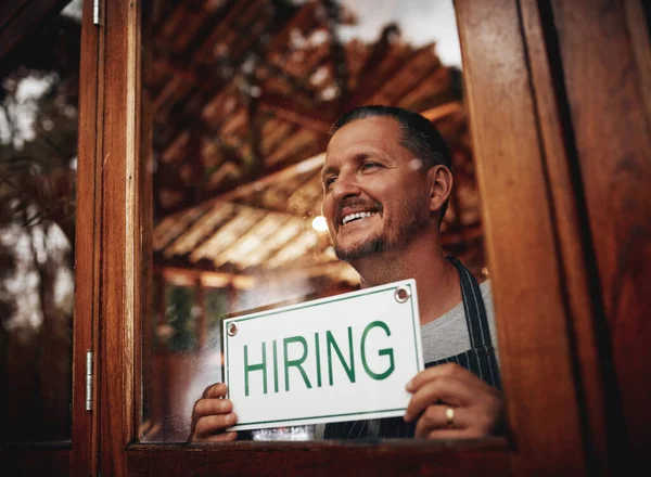 Want Staff Come Help Out Cheerful Middle Aged Business Owner — Stockfoto