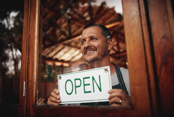 Come Have Good Time Cheerful Middle Aged Business Owner Holding — Stockfoto