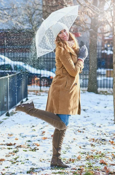 Dont Fear Snow Enjoy Attractive Young Woman Enjoying Being Out — Fotografia de Stock