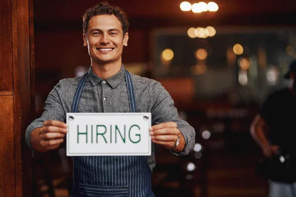 Portrait Cheerful Young Business Owner Holding Sign Saying Hiring While — Foto de Stock