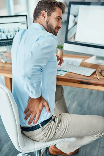 Feeling Pains Stressful Day Young Businessman Suffering Back Pain While — Foto Stock