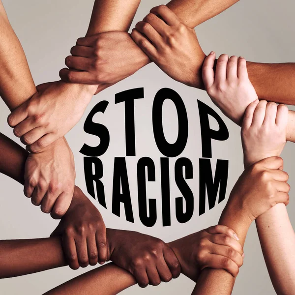 Stops Unrecognizable People Linking Arms Encircling Words Stop Racism Gray — Stock Fotó