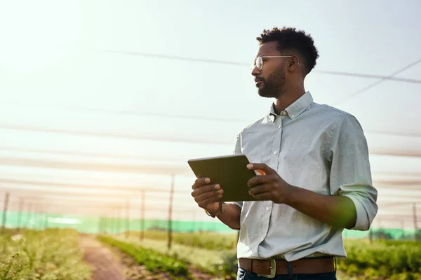 Thinking Farmer Digital Tablet Checking Sustainable Farming Growth Progress Preparing — Stockfoto