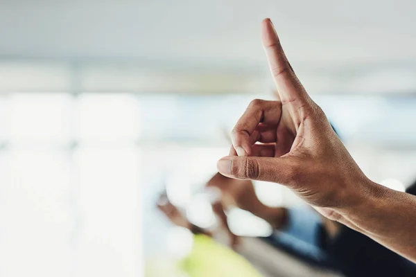 Raising Hand Finger Ask Business Question Modern Office Closeup Group — Fotografia de Stock