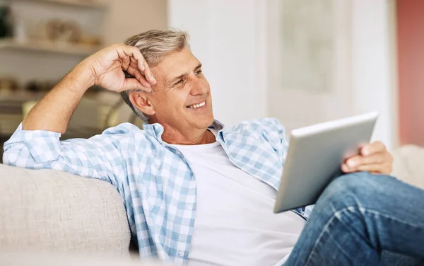 Relaxed Happy Carefree Man Relaxing Couch Calm Smiling Happy Joyful —  Fotos de Stock