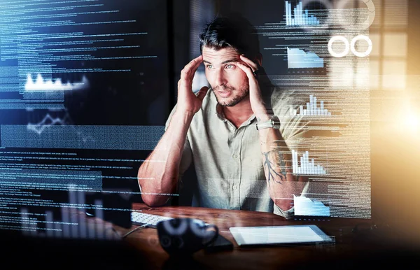 Stressed Computer Engineer Reading Code Cgi Data Making Mistake While — Foto Stock