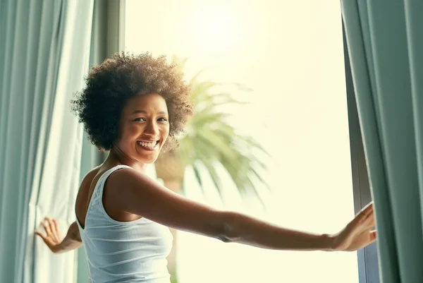 Happy Waking Beautiful Day Attractive Young Woman Opening Curtains Her — ストック写真