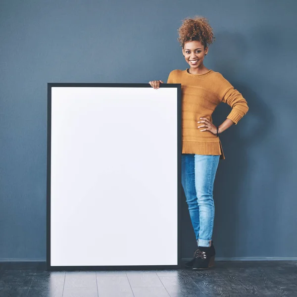 Marketing Poster Blank Board Copy Space Being Held Happy African — Stockfoto