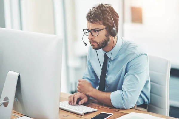 Updating Your Details Speak Young Man Working Call Center — Foto de Stock