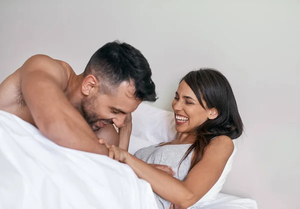 Own Personal Alarm Affectionate Young Married Couple Bed Home — Foto Stock