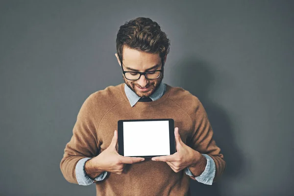 Person Holding Copyspace Blank Empty Tablet Screen Internet App Studio — Fotografia de Stock